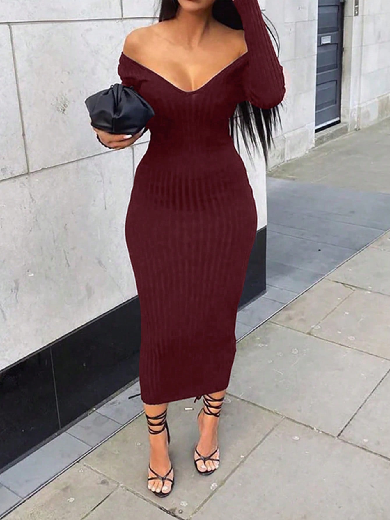 Women's Wine Red Ribbed Knit Midi bodycon dress with sleeveless