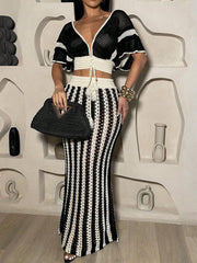 Women's Black White Knit Two-Piece Set with Crop Top and Mini Skirt