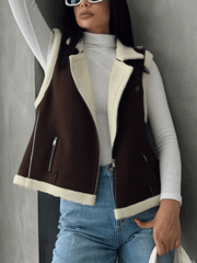 Women's Brown & Beige Shearling Vest - Chic Casual & Versatile Layering Outerwear