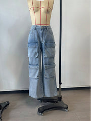 Women's Blue High-Waist Multi-Pocket Denim Cargo Pants
