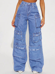Women's Light Blue Denim Relaxed Fit Multi-Pocket Wide Leg Cargo Pants