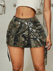 Women's Apperloth Branch Print Denim Mini Skirt Sexy Cargo Style Short Skirt