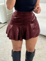 Women's Wine Red PU Leather Ruffled Mini Skirt High Waisted Skater Skirt