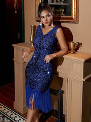 Women's Blue Sequin Fringe Midi Dress, Sleeveless Bodycon Party Dress for Evening Occasions