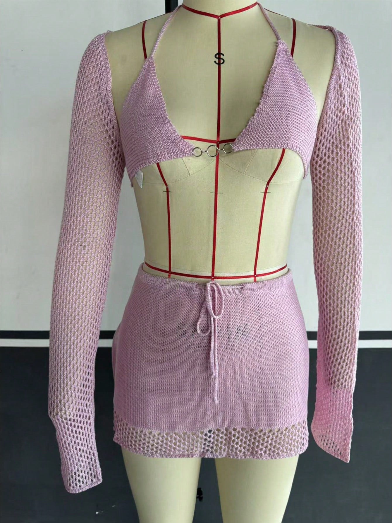 Women's Light Pink Knit Two-Piece Set with Crop Top and Mini Skirt