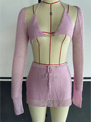 Women's Light Pink Knit Two-Piece Set with Crop Top and Mini Skirt