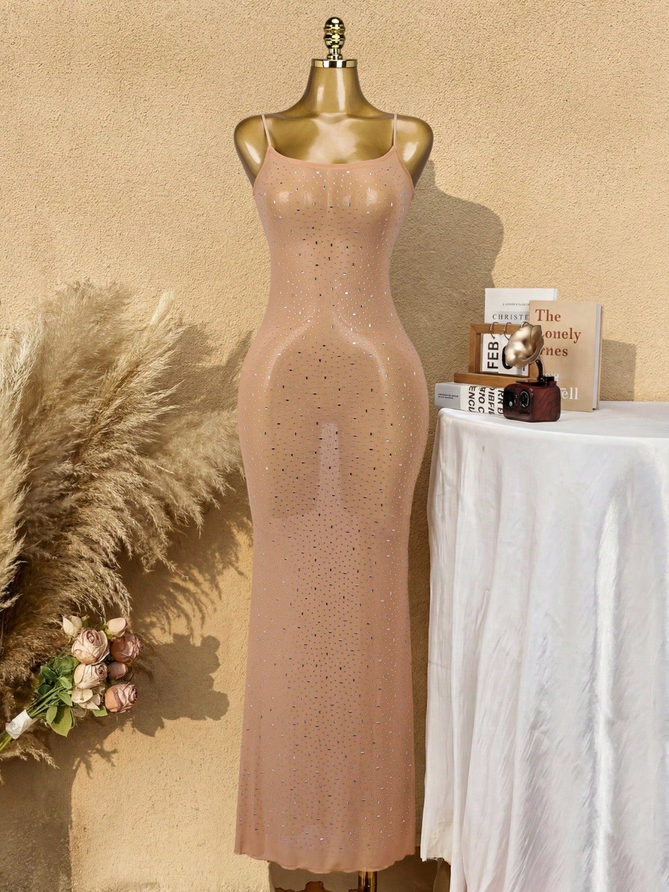 Women's Apricot Sheer Mesh Rhinestone Bodycon Maxi Dress with Spaghetti Straps