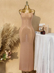Women's Apricot Sheer Mesh Rhinestone Bodycon Maxi Dress with Spaghetti Straps