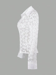 Women's Women Sexy White Lace Long Sleeve Blouse Button Up Shirt