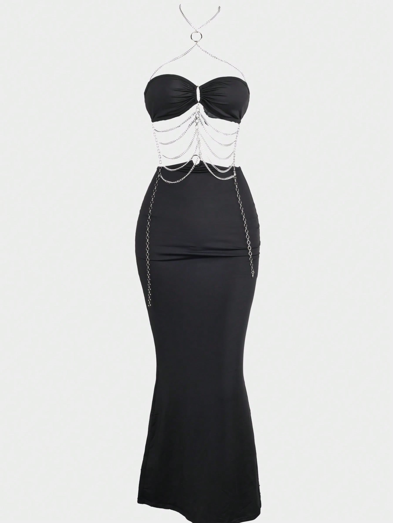Women's Black Bodycon Maxi Dress with Silver Chain Fringe and Cutout Details