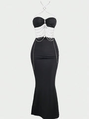 Women's Black Bodycon Maxi Dress with Silver Chain Fringe and Cutout Details