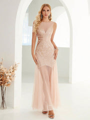 Women's Champagne Sequin Mesh Bodycon Sleeveless Floor-Length Gown Dress