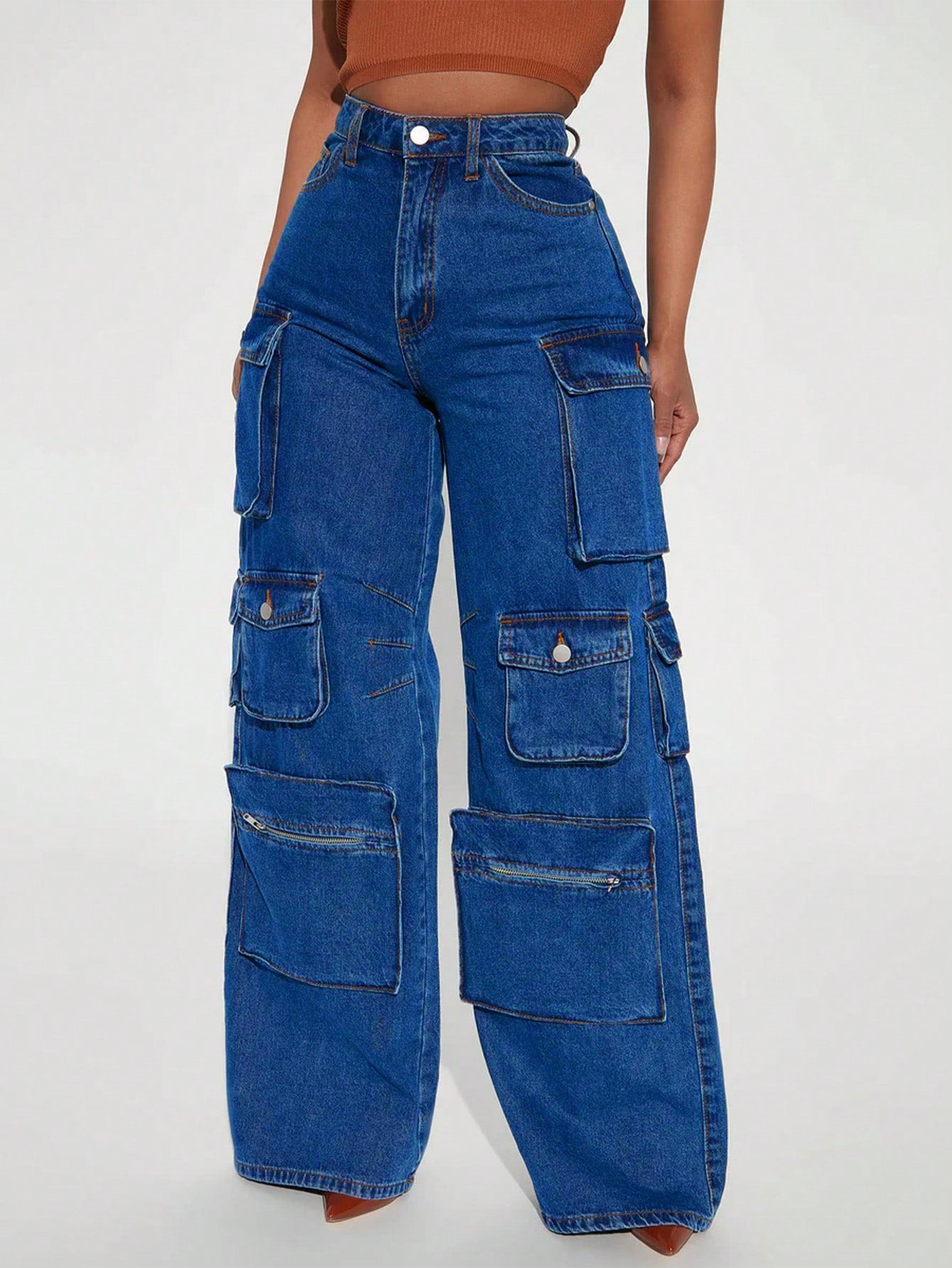 Women's Blue Baggy Cargo Jeans, High-Waisted Wide-Leg Denim Pants with Multiple Pockets for Street Style