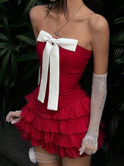 Women's Red Strapless Bowknot Ruffle Crop Top - Sweetheart Tiered Tube Top, Cute Romantic Party Top