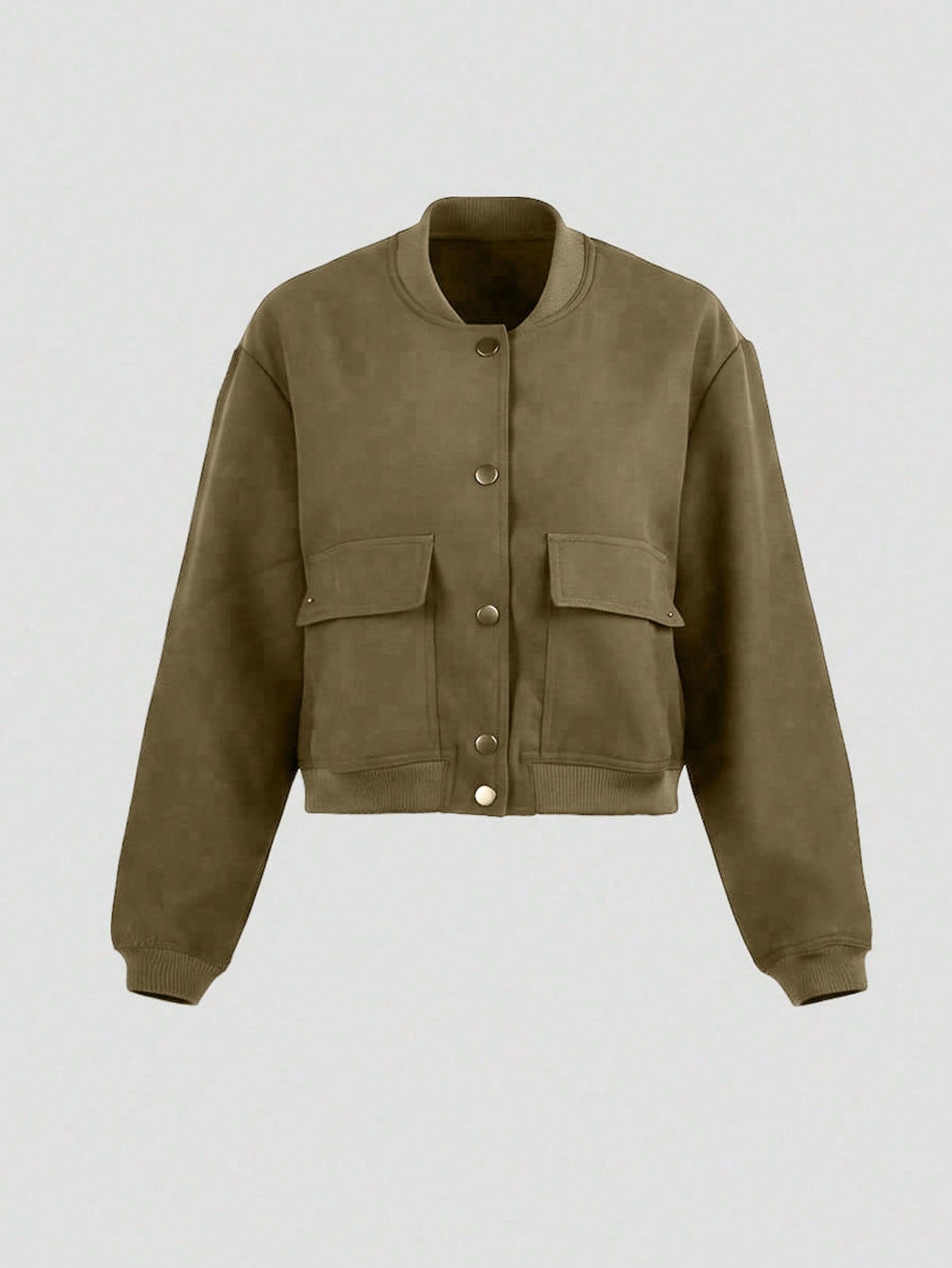 Women's Solid Army Green Button-Front Bomber Jacket
