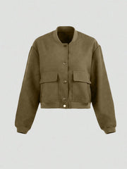 Women's Solid Army Green Button-Front Bomber Jacket