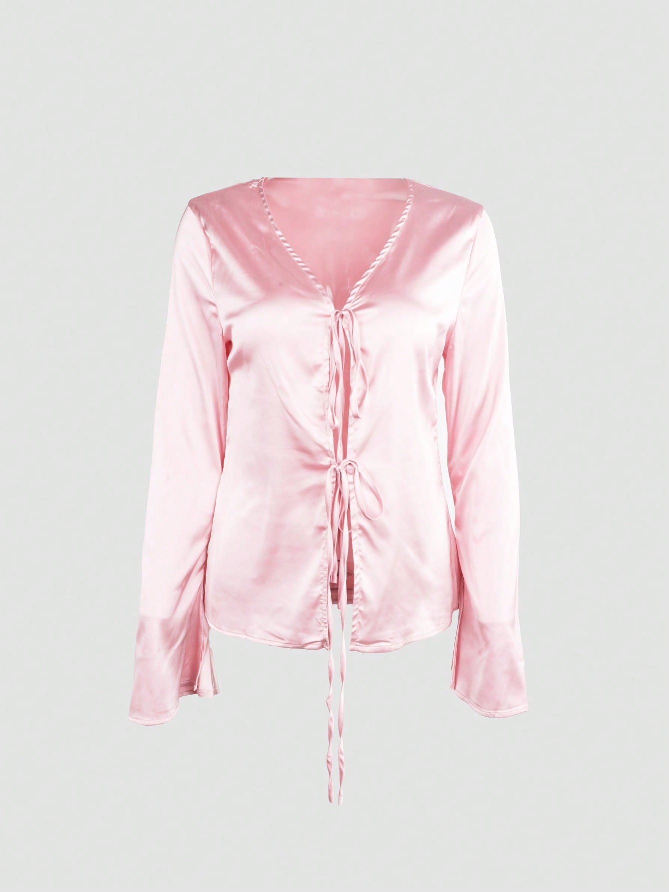 Women's Pink Satin Tie-Front Long Sleeve Top with V-Neck
