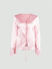 Women's Pink Satin Tie-Front Long Sleeve Top with V-Neck