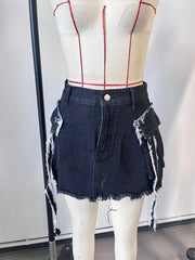 Women's Smoke Black Denim Mini Skirt with Front Slit
