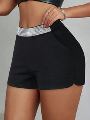 Women's Black High Waisted Shorts with Rhinestone Waistband