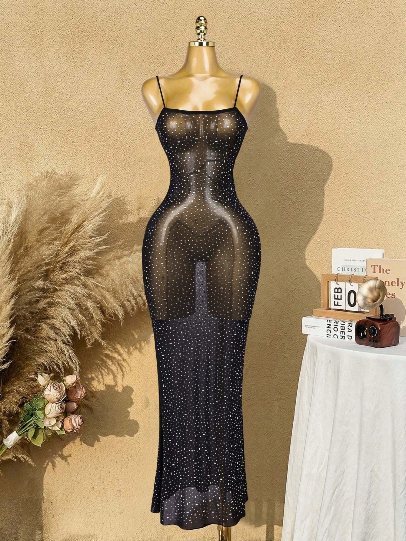 Women's Black Sheer Mesh Rhinestone Bodycon Maxi Dress with Spaghetti Straps