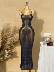Women's Black Sheer Mesh Rhinestone Bodycon Maxi Dress with Spaghetti Straps
