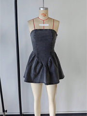 Women's Black Cotton Blend Strapless Flared Denim Mini Dress