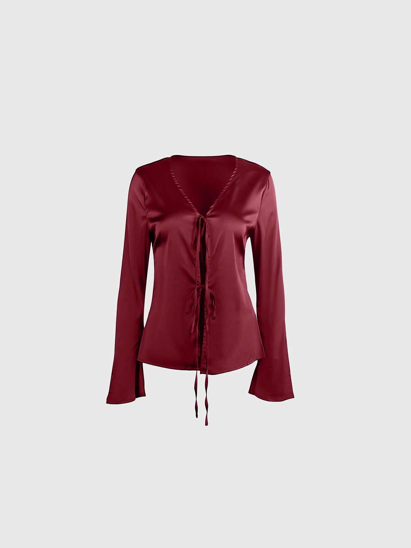 Women's Women Wine Red Satin Long Sleeve Tie Front V Neck Blouse