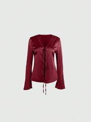 Women's Women Wine Red Satin Long Sleeve Tie Front V Neck Blouse