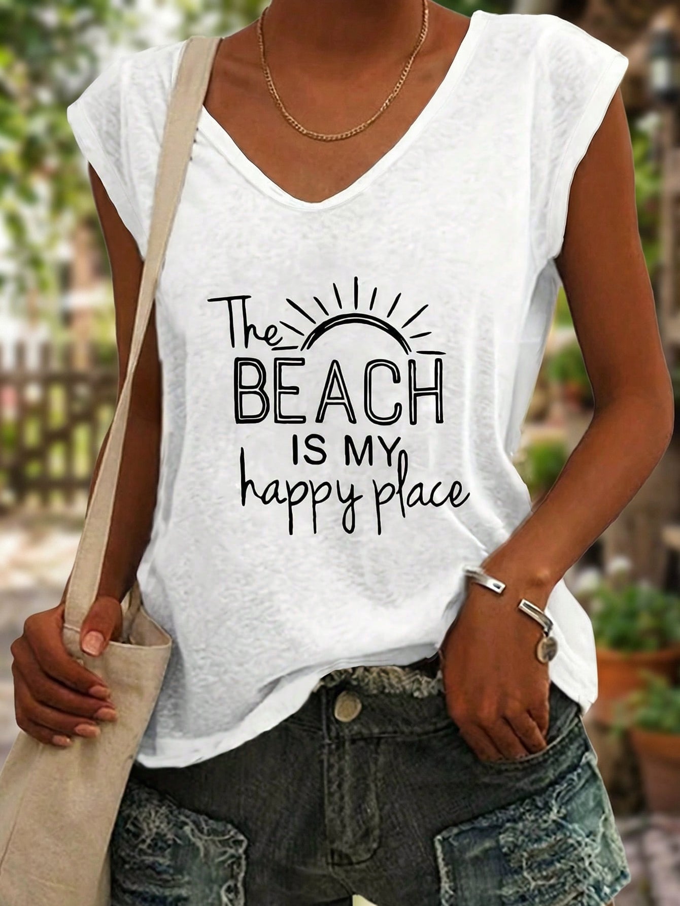 Women's Women Sleeveless Graphic Tank Top The Beach Is My Happy Place Print Tee