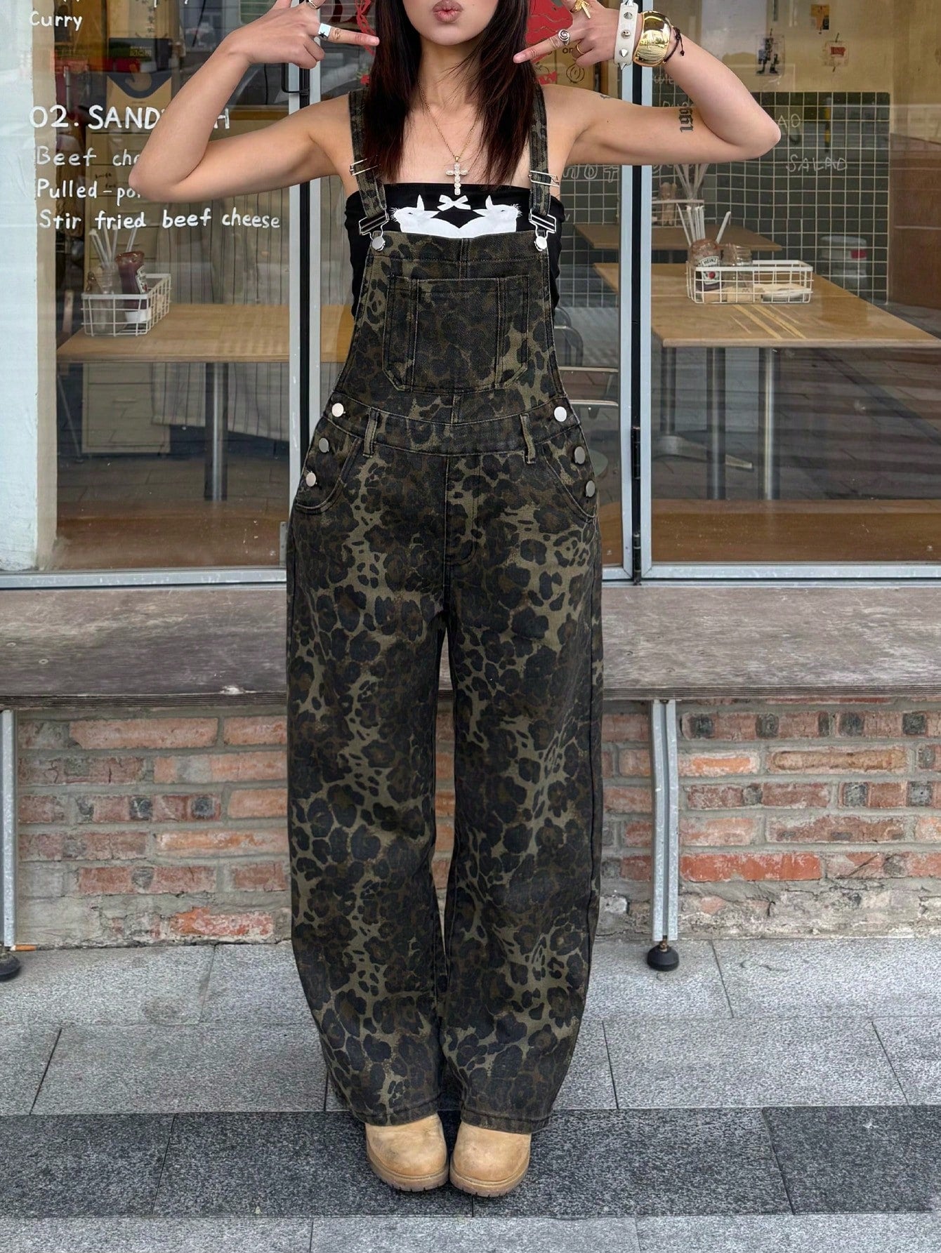 Women's Leopard Print Denim Overalls Loose Fit Wide Leg Jumpsuit Streetwear