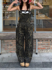 Women's Leopard Print Denim Overalls Loose Fit Wide Leg Jumpsuit Streetwear
