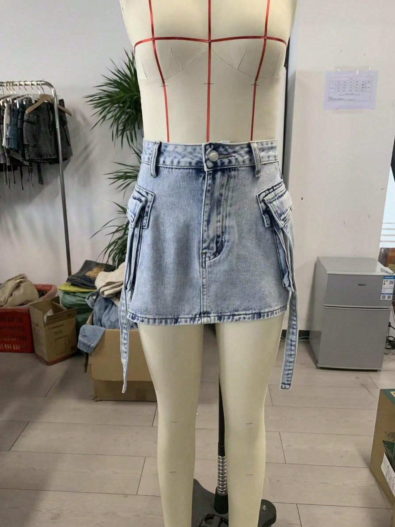 Women's Acid Wash Light Blue Denim Mini Cargo Skirt with Tie Detail