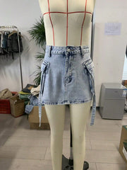 Women's Acid Wash Light Blue Denim Mini Cargo Skirt with Tie Detail