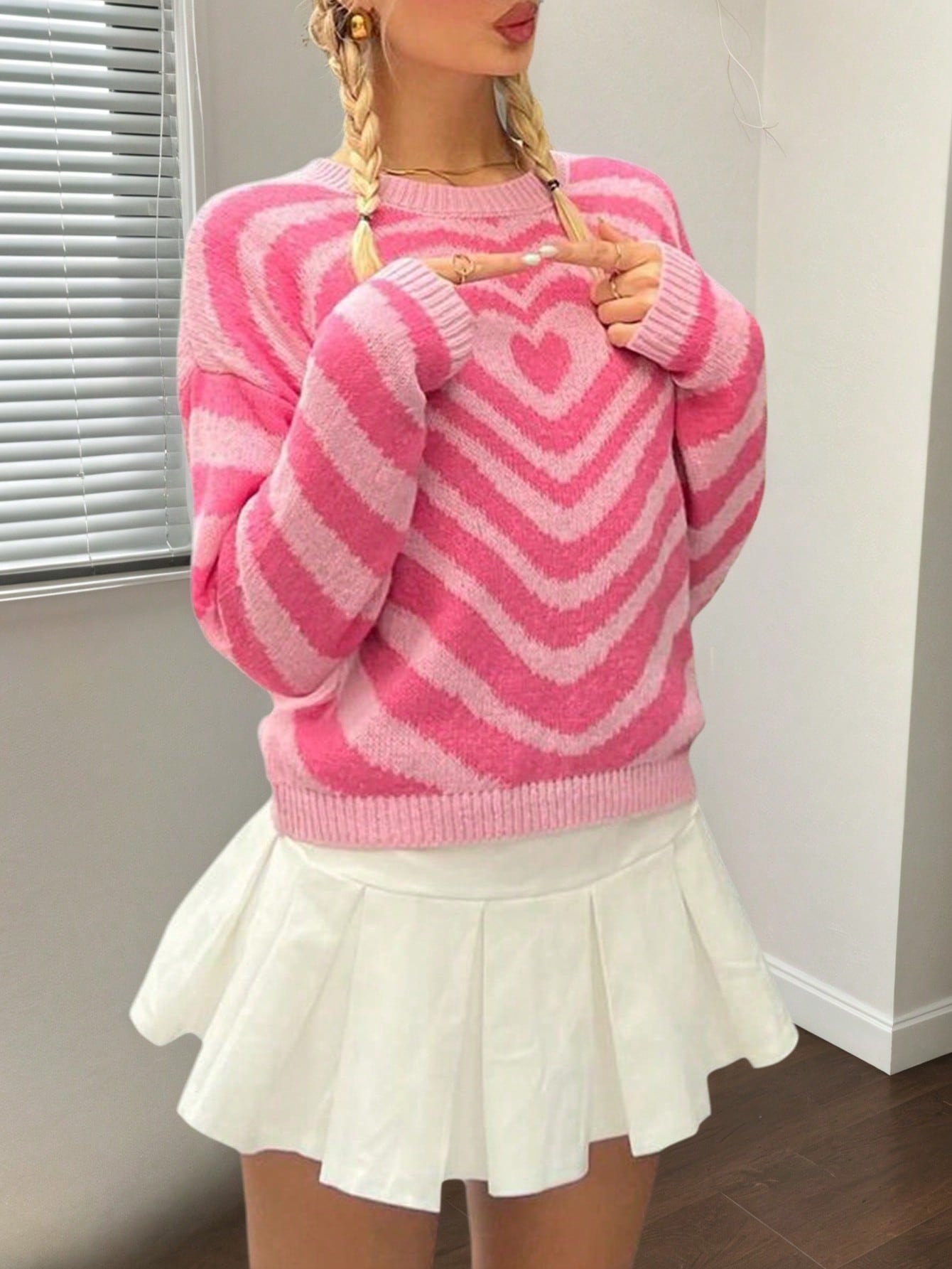 Women's Pink Polyester Chevron Stripe Knit Sweater with Heart Motif