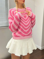 Women's Pink Polyester Chevron Stripe Knit Sweater with Heart Motif