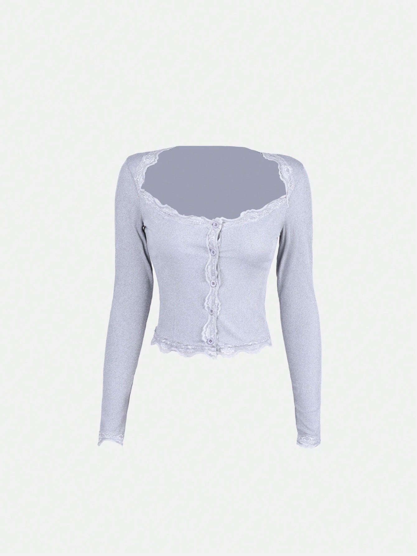 Women's Gray Ribbed Knit Henley Top with Button Placket