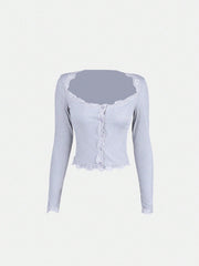 Women's Gray Ribbed Knit Henley Top with Button Placket