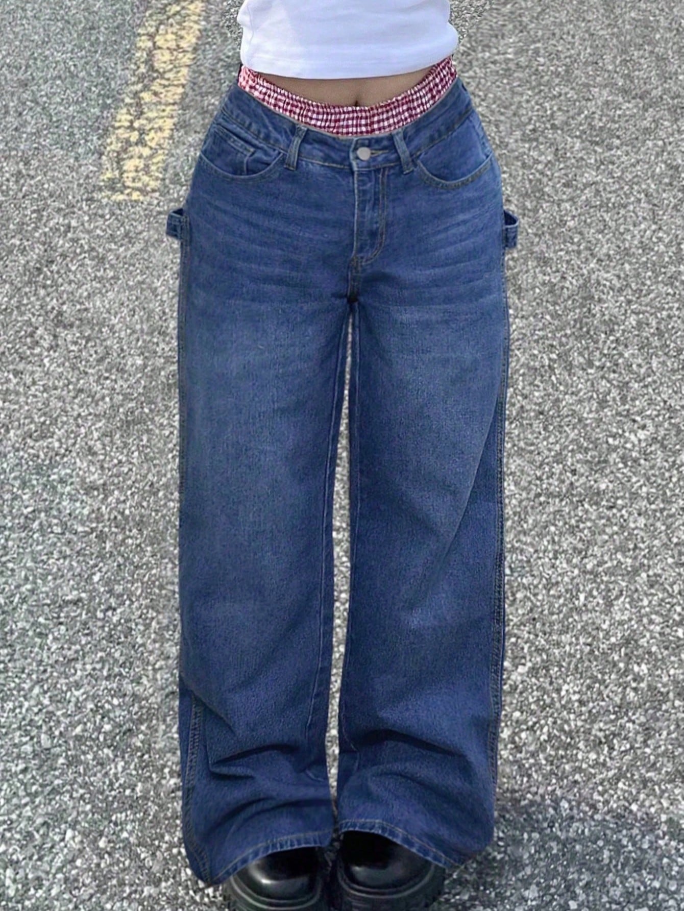 Women's Dark Blue Wide Leg Cargo Denim Jeans