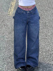 Women's Dark Blue Wide Leg Cargo Denim Jeans