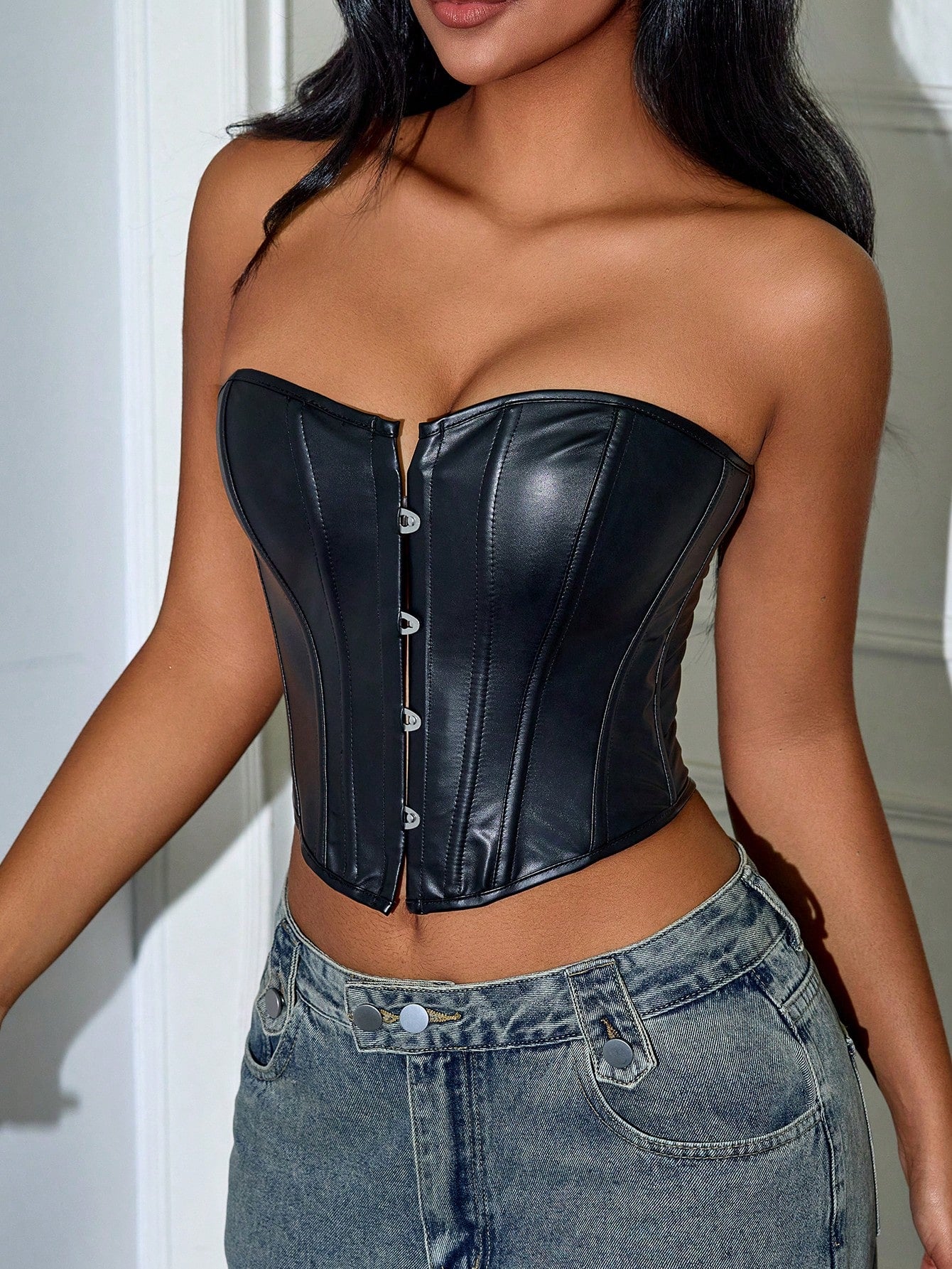 Women's Black PU Leather Strapless Overbust Corset with Front Hook Closure