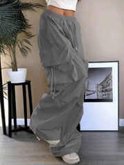 Women's Gray Cotton Full-length cargo pants with cargo pockets
