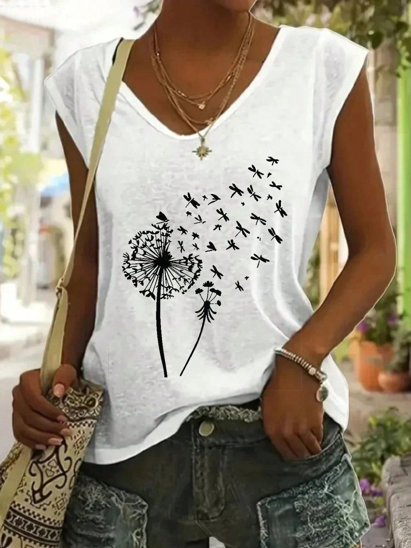 Women's White Dandelion Graphic Tank Top - Sleeveless Casual V-Neck Tee