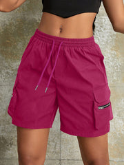 Women's Rose Red Elastic Waist Cargo Shorts with Zip Pockets