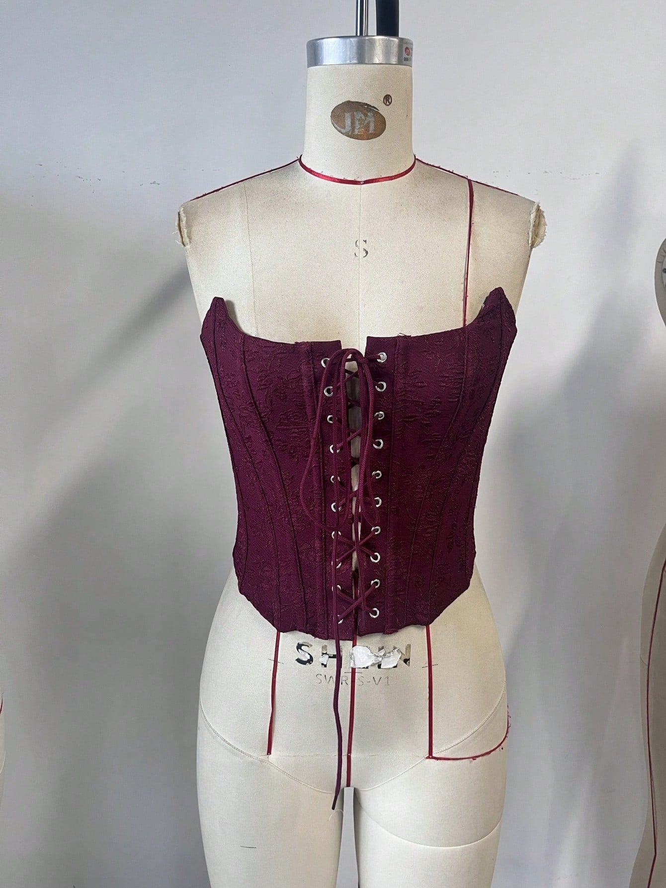 Women's Burgundy Floral Jacquard Lace-Up Corset Bustier