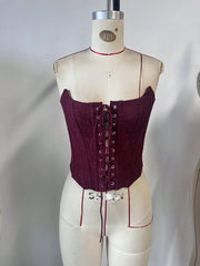 Women's Burgundy Floral Jacquard Lace-Up Corset Bustier