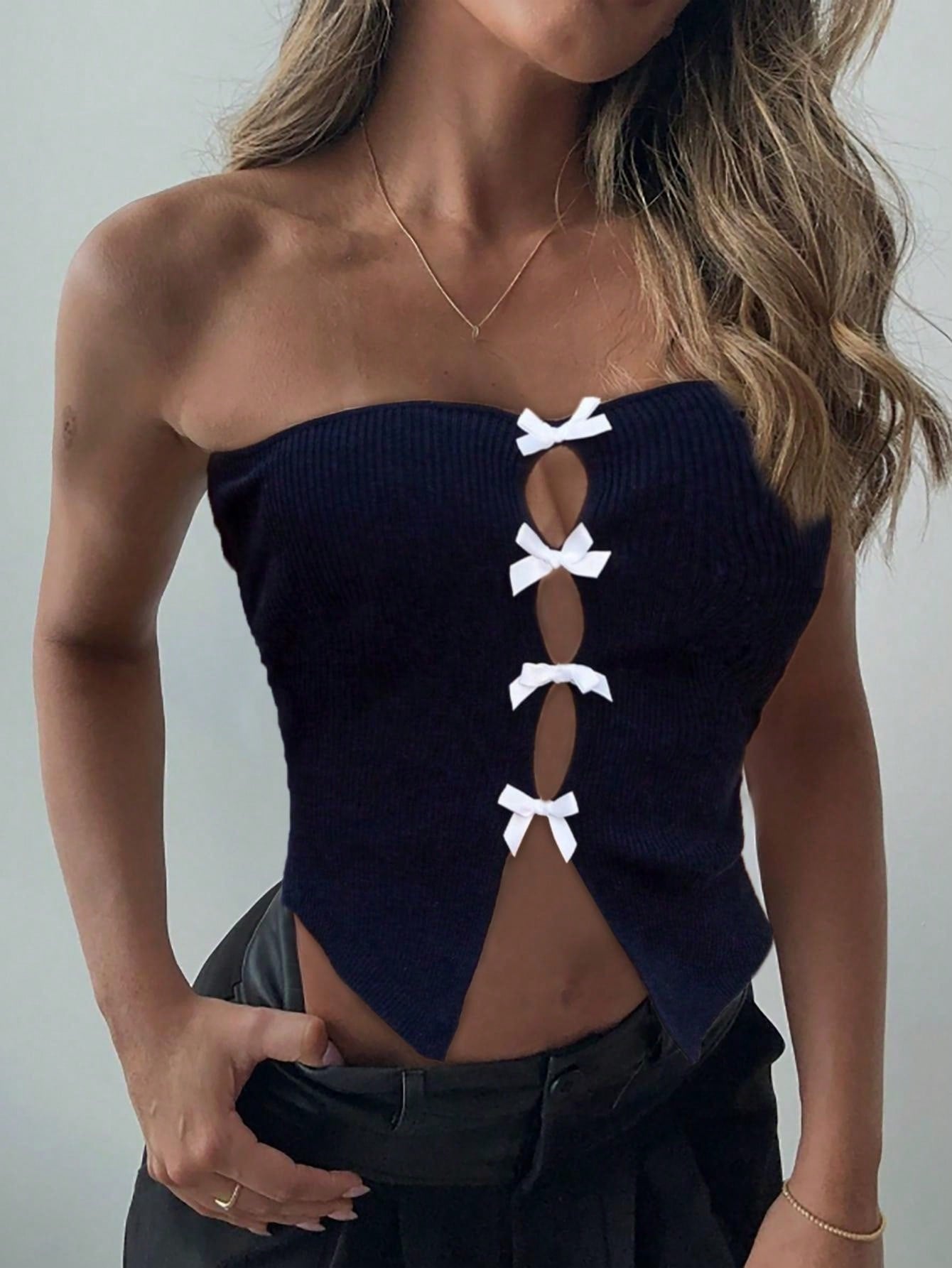 Women's Women Sexy Black Strapless Tube Top with Bow Tie Cut Out Detail