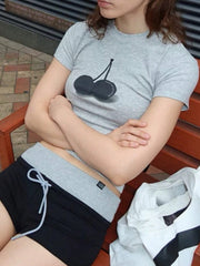 Women's Grey Viscose Blend Slim Fit Cherry Graphic Short Sleeve T-Shirt