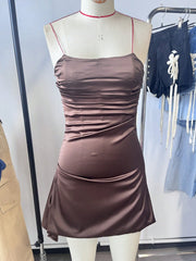 Women's Modern Dark Coffee Satin Ruched Mini Dress with Cami Straps