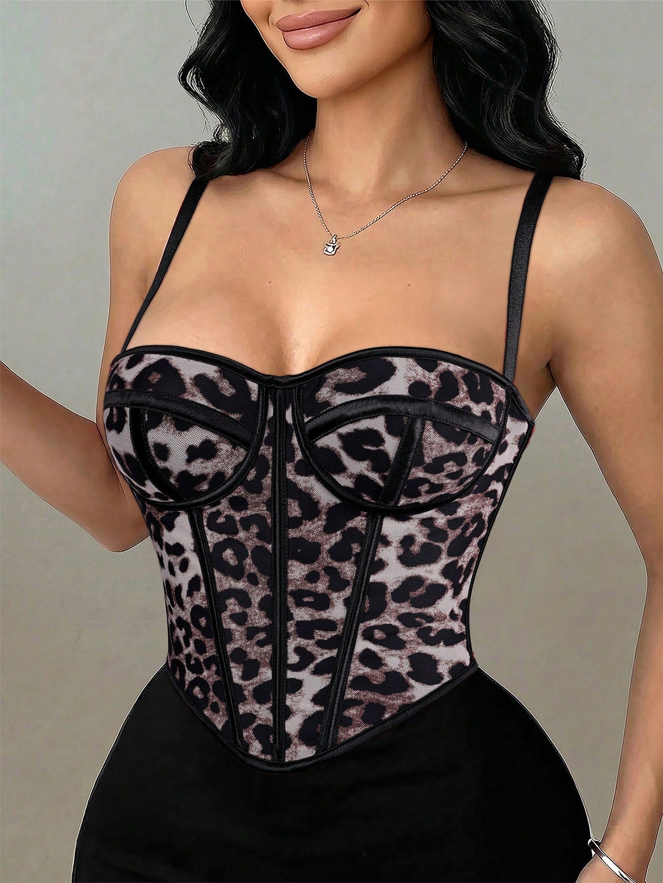 Women's Black Leopard Print Spaghetti Strap Bustier Corset Crop Top